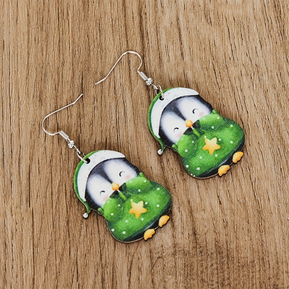 Green & Red Penguins Dangle Earrings Set Boho Style Wooden Jewelry